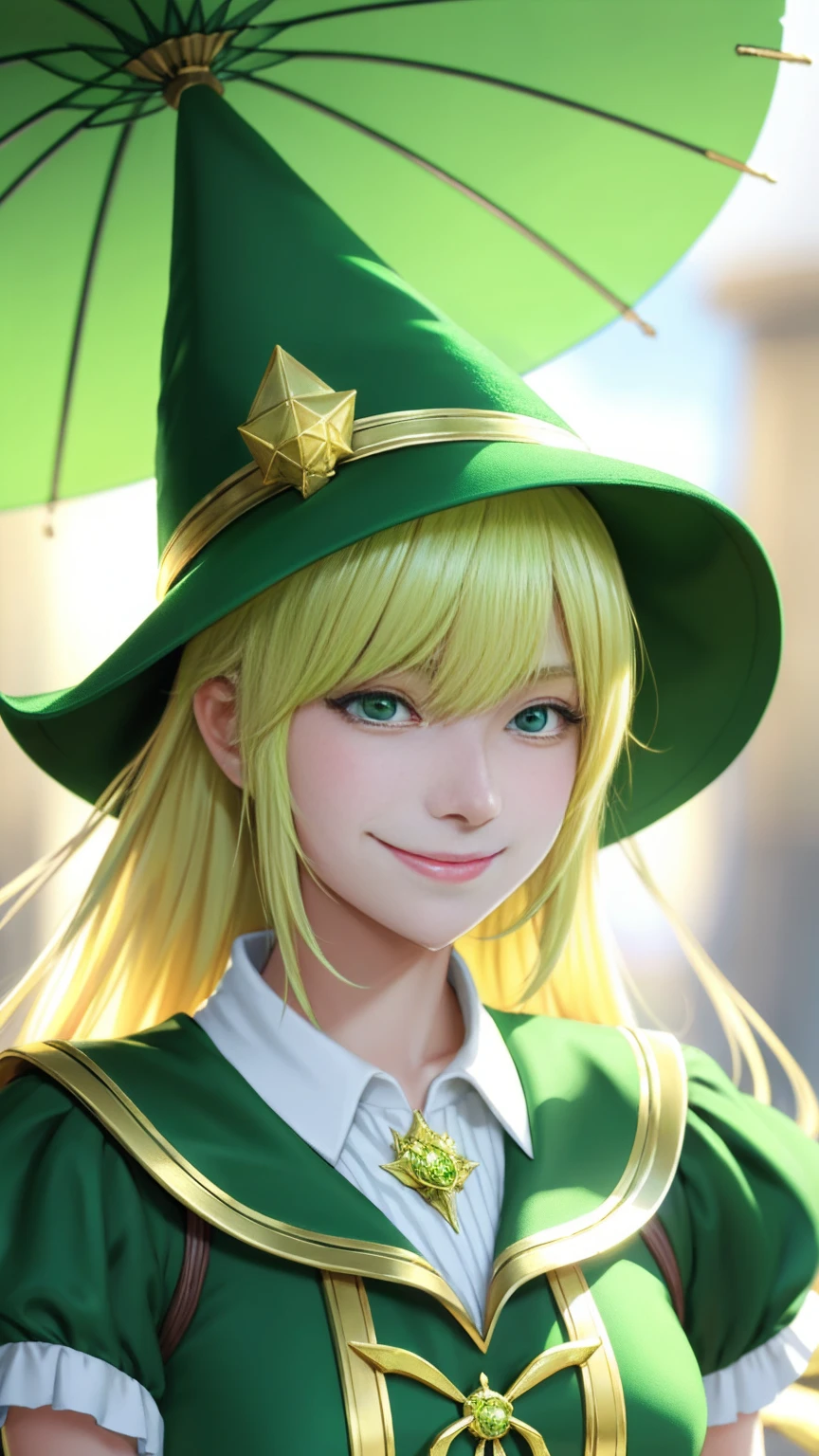 Anime girl in green witch hat and green witch outfit, Blonde, extremely detailed art gelm, Gwaiz, art gelm and atey ghailan, marisa kirisame, art gelm. High detail, Cunning Smile, Close-up portrait of a magician, art gelm detailed, stanley art gelm lau