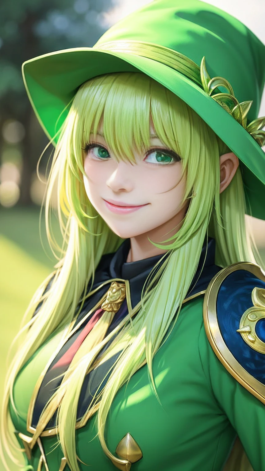 Anime girl in green witch hat and green witch outfit, Blonde, extremely detailed art gelm, Gwaiz, art gelm and atey ghailan, marisa kirisame, art gelm. High detail, Cunning Smile, Close-up portrait of a magician, art gelm detailed, stanley art gelm lau