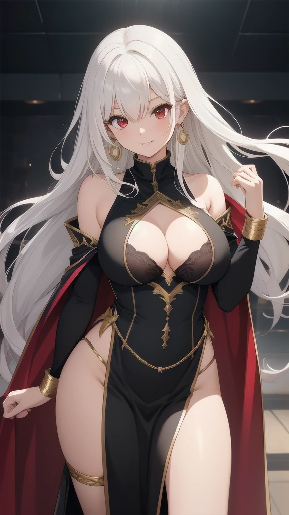 masterpiece, best quality, 1 solo girl, white hair, red eyes, long hair, medium breasts, sexy body and face, wavy hair, smile, parted lips, circlet, jewelry, bare shoulders, earrings, bridal gauntlets, sleeveless, black dress, bracelet, side slit, gold trim, red fur-trimmed cape, pelvic curtain, sleeveless dress, black footwear, turtleneck, long sleeves, castle, intdoors, sexy pose, cowboy shots, detailed body, face, and eyes, sharp focus, vibrant, creative, dynamic, high definition, high resolution, 8k, (Upscale: R-ESRGAN 4x+ Anime6mage enchance:4x), voluptuous body, cinema lightning, dakimakura style, looking at the viewer,