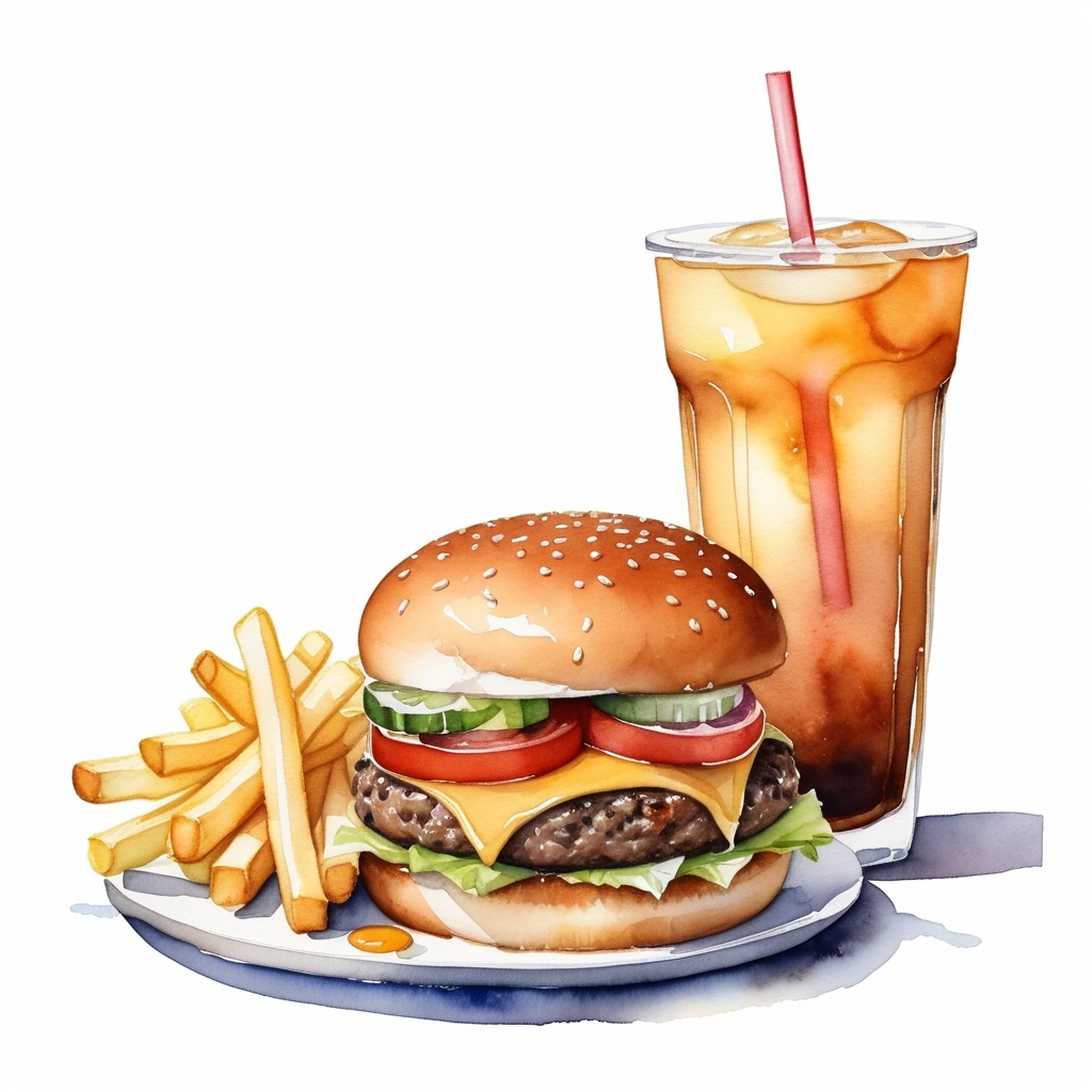 there is big and tall delicious hamburger with cheese, a lot of french fries, and a glass of ice lemon tea, (watercolor), illustration, isolated with solid white background, surrounded with negative space, centered compositon, 8k, highly detailed painting, very precise painting