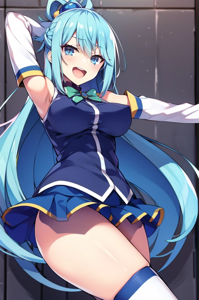 Kusakqua,hair rings, Blue shirt,Bow,Detached sleeves,Skirt,thighs thighs thighs thighs,Bare shoulders,arms in arms,Smile with open mouth,Top image quality,Best Quality