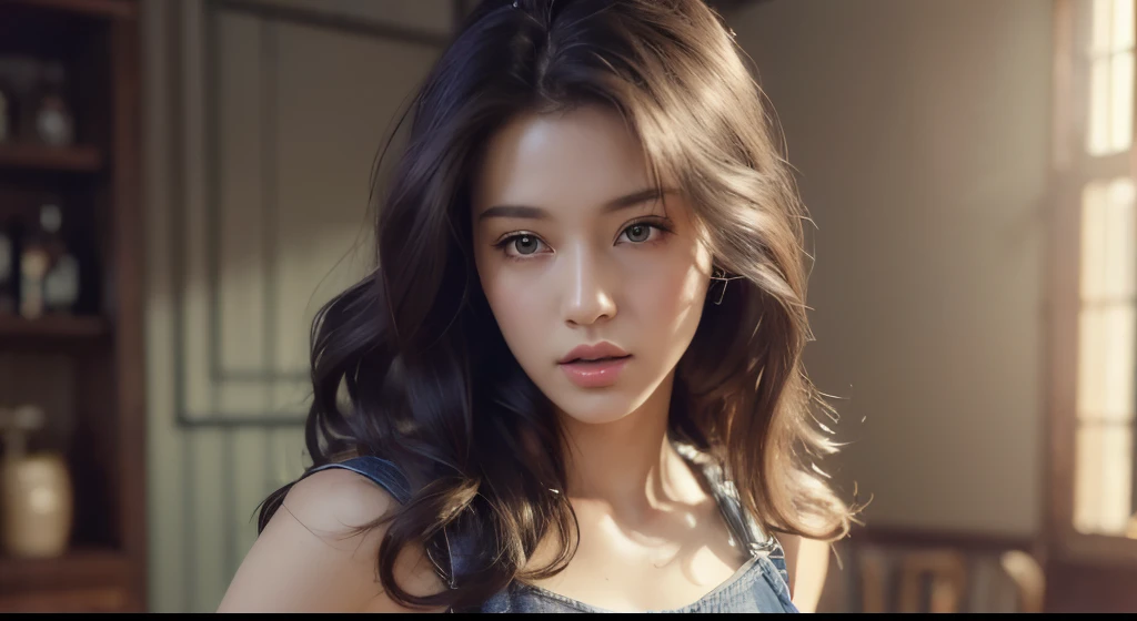 a photo by pho3b3cat3s, beautiful woman, ((24 years old)), bar, lingerie, denim overalls, 1980s, Retro, long wavy dark hair ponytail, (Masterpiece), (Extremely detailed CG unity 8k wallpaper), intricate, ((photorealistic)),