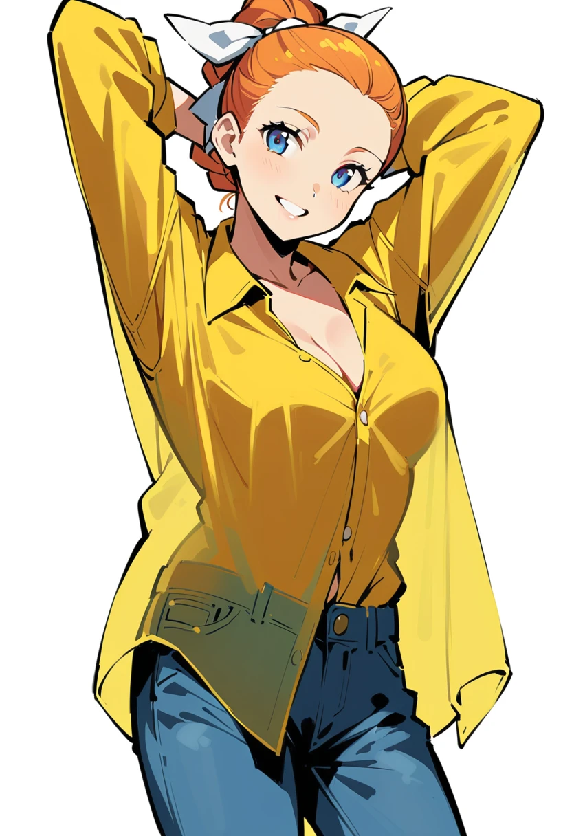 pewarnaan character, visual illustration, @ANN, 1girl, solo, dress shirt, white background, naked shirt, smile, blue eyes, simple background, looking at viewer, breasts, arms up, long sleeves, yellow shirt, orange hair, cowboy shot, collarbone, collared shirt, cleavage, denim, hair pulled back, grin, blonde hair, long hair, medium breasts, forehead, standing, arms behind head, ponytail, braided ponytail, single braid, teeth, oversized clothes, medium hair, short hair, partially unbuttoned, pants, see-through silhouette, oversized shirt, see-through, buttons, head tilt, parted lips, large breasts, hair ribbon, white bow, tomboy,  plaid shirt, ann \(harvest moon\), ran \(bokujou monogatari\)
