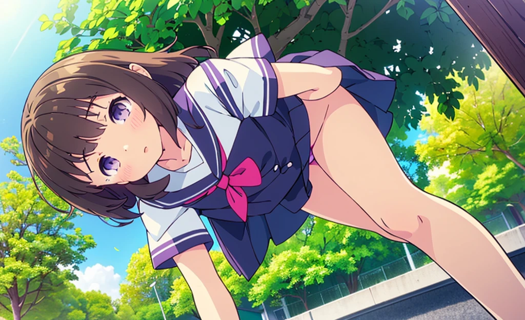 (high quality), (Masterpiece), (Very detailed), girl, (very small bust), short brown hair, purple eyes, shy face, (loli de primary), showing her thighs, in the school yard, sunny, camera angle from below, adorable eyes, (primary school uniform) NSFW 