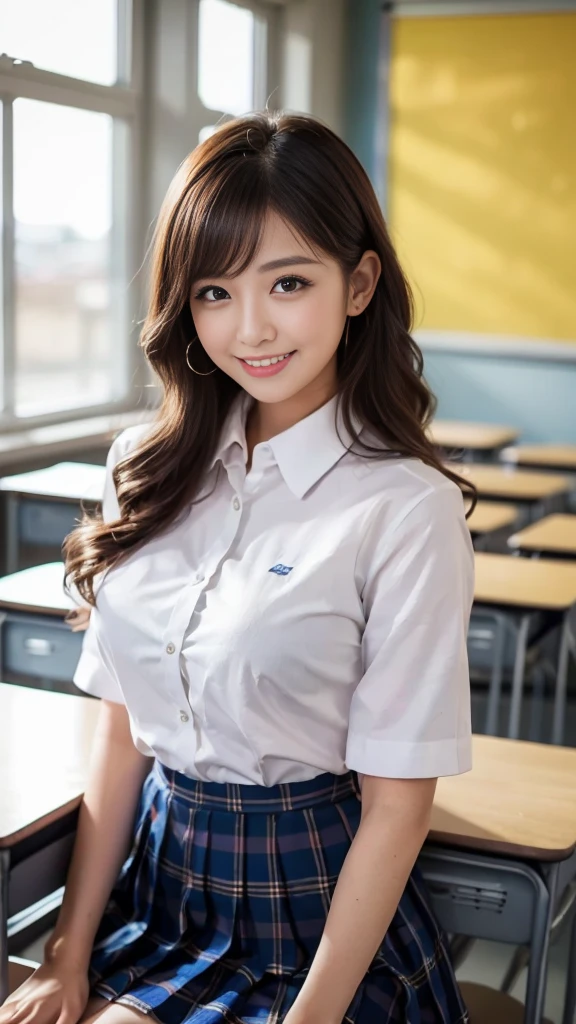 ((Highest quality、Tabletop、8K、Best image quality))、(1 photo:1.5)、very saturated、1 、Uniform shirt、pink plaid pleated skirt))、The happiest smile、Look at me、Wavy Hair、(studying in classroom:1.3)、School classroom background、Long eyelashes、Perfect Makeup、Accentuate your body lines、Big ample breasts、Blonde、Accurate anatomy、(Perfect Hair:1.2)、