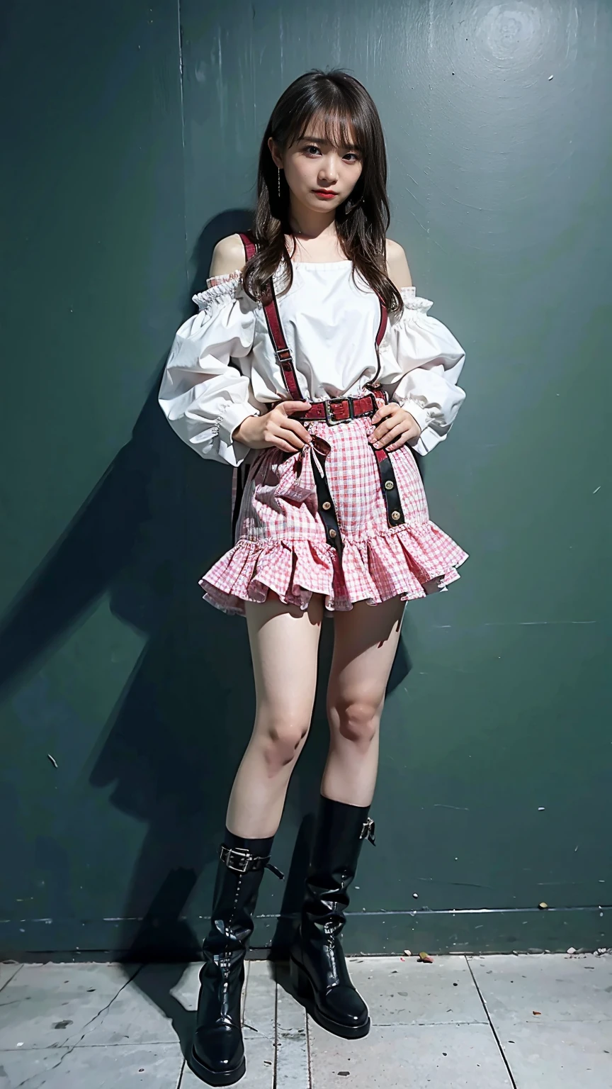 (8K、RAW Photos、Highest quality、masterpiece:1.2)、(Highest quality、Realistic)、1 Girl、((Frills、See-through、Off the shoulder、tights、pink and black mini skirt、Thin legs、whole body、boots、In nature、View from the front、Looking into the camera、belt、Stand with hands on hips))、cute