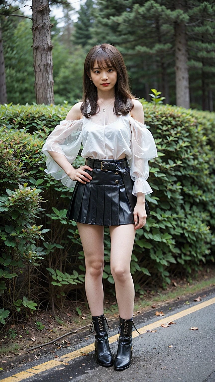 (8K、RAW Photos、Highest quality、masterpiece:1.2)、(Highest quality、Realistic)、1 Girl、((Frills、See-through、Off the shoulder、tights、pink and black mini skirt、Thin legs、whole body、boots、In nature、View from the front、Looking into the camera、belt、Stand with hands on hips))、cute