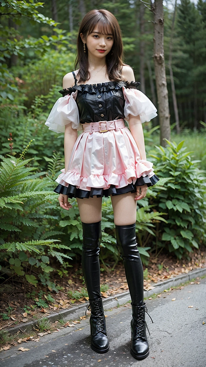 (8K、RAW Photos、Highest quality、masterpiece:1.2)、(Highest quality、Realistic)、1 Girl、((Frills、See-through、Off the shoulder、tights、pink and black mini skirt、Thin legs、whole body、boots、In nature、View from the front、Looking into the camera、belt、Stand with hands on hips))、cute
