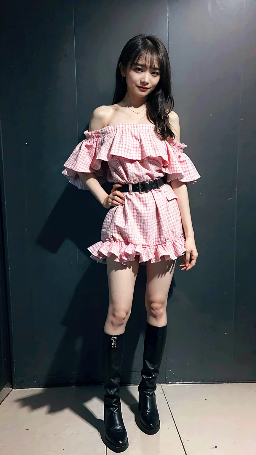 (8K、RAW Photos、Highest quality、masterpiece:1.2)、(Highest quality、Realistic)、1 Girl、((Frills、See-through、Off the shoulder、tights、pink and black mini skirt、Thin legs、whole body、boots、In nature、View from the front、Looking into the camera、belt、Stand with hands on hips))、cute