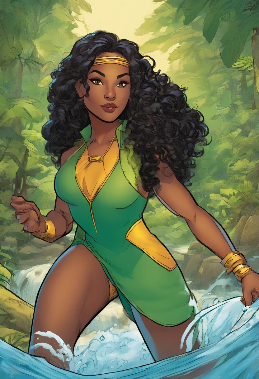 Draw a young feminine female Marvel Super Hero character.
Appearance: Brown skin, long black hair, green eyes like the forest.
Powers: Control over water and aquatic life, ability to communicate with forest animals.
Mission: Protect the Amazon rainforest and its inhabitants, preserve the ecosystem, and assist indigenous tribes.