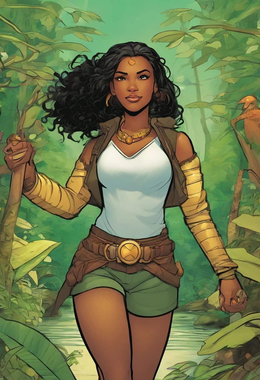 Draw a young feminine female Marvel Super Hero character.
Appearance: Brown skin, long black hair, green eyes like the forest.
Powers: Control over water and aquatic life, ability to communicate with forest animals.
Mission: Protect the Amazon rainforest and its inhabitants, preserve the ecosystem, and assist indigenous tribes.