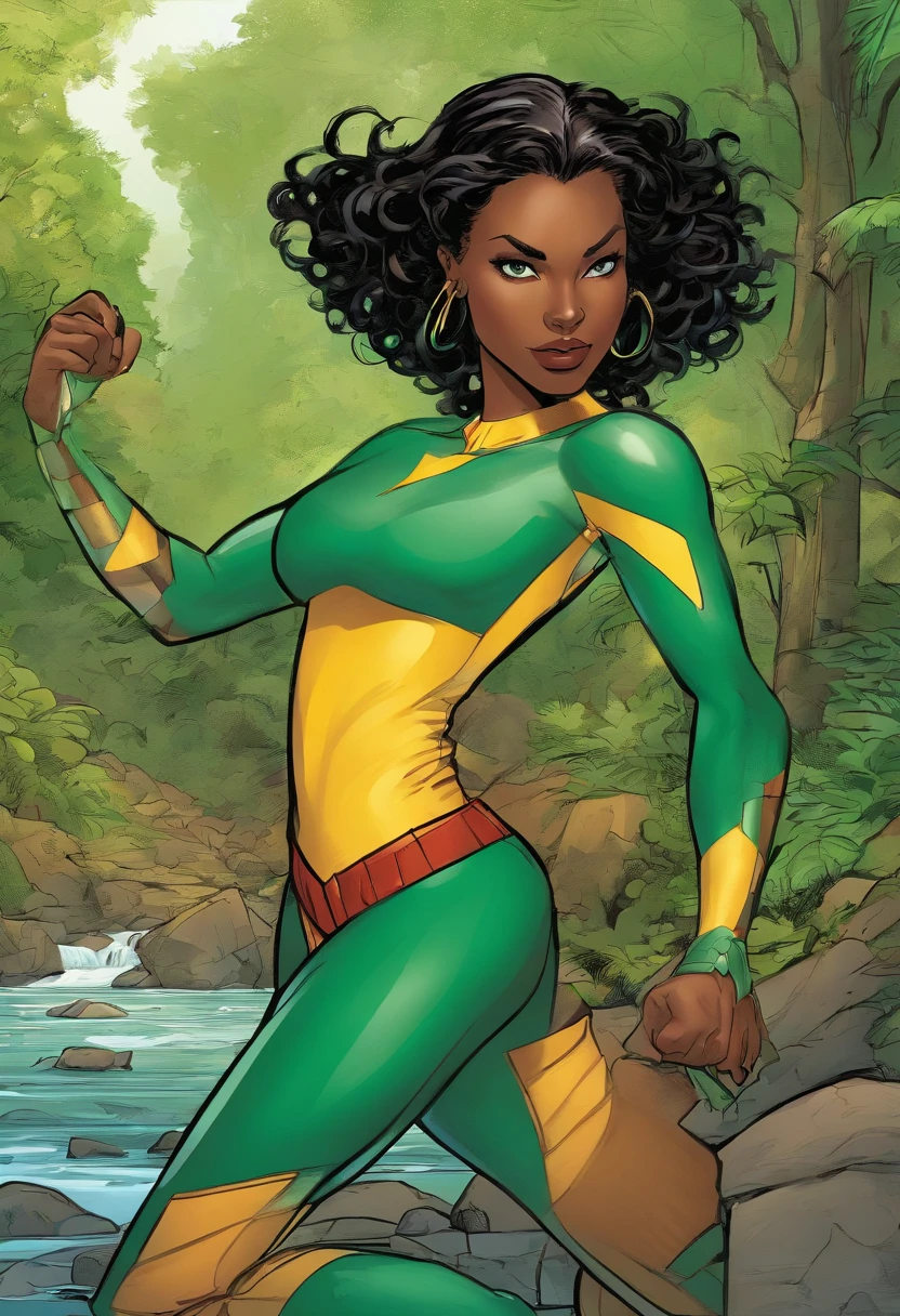 Draw a young feminine female Marvel Super Hero character.
Appearance: Brown skin, long black hair, green eyes like the forest.
Powers: Control over water and aquatic life, ability to communicate with forest animals.
Mission: Protect the Amazon rainforest and its inhabitants, preserve the ecosystem, and assist indigenous tribes.
