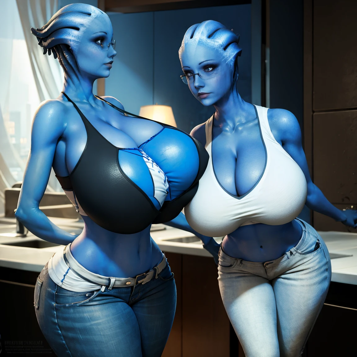 Liara, Extremely busty thin and toned Asari, blue skin, soft face, athletic, bra visible through clothes, layered top, thin white shirt jacket, black top, jeans, glasses. standing in kitchen, apartment