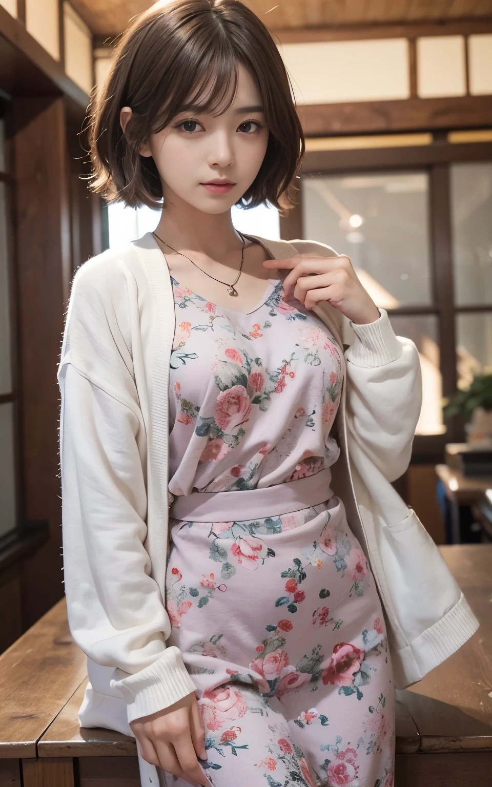 Cute 21 year old Japanese、University、Large classroom、Barely、Super detailed face、Eye for detail、double eyelid、Beautiful thin nose、Sharp Focus：1.2、Beauty：1.4、（Light Brown Hair、Short Hair、Highest quality、Illumination、masterpiece、Ultra-high resolution、（Photorealistic：1.4）、Colorful spring clothes、Show the whole body、