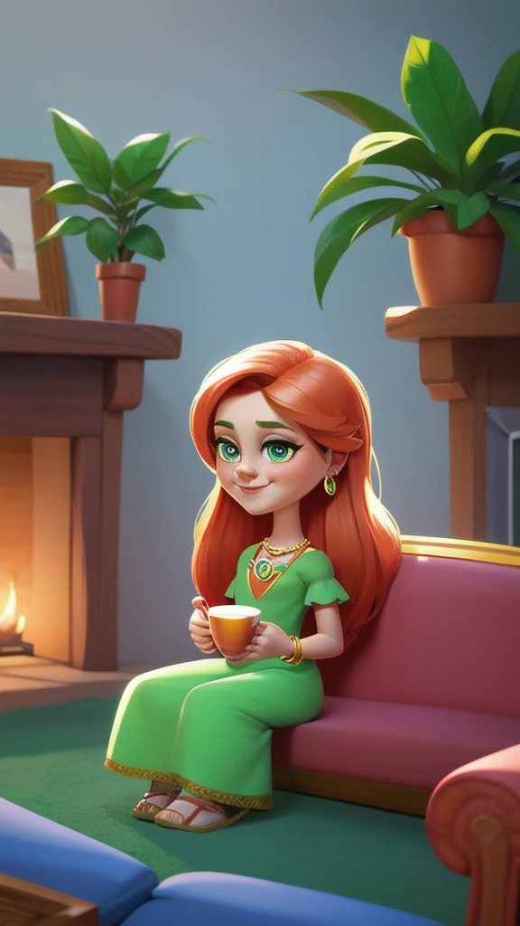 whole body，Mid-Long View，Concept Art,character illustration of a,European and American cartoons,A 20-year-old blonde girl is sitting on the sofa in the living room，Holding a cup of coffee，Leisure，European and American cartoons，1 Girl,freckle,Solitary,Jewelry,Green Eyes,Weaving,earrings,twin Weavings,necklace,Looking at the audience,Red hair,breast,Vague,plant,Short sleeve,Vague background,diaphragm,Upper Body,Puff sleeves,bracelet,Smile,Long hair,puffy Short sleeve,Necklace,Umbilical cord,Top of crop,