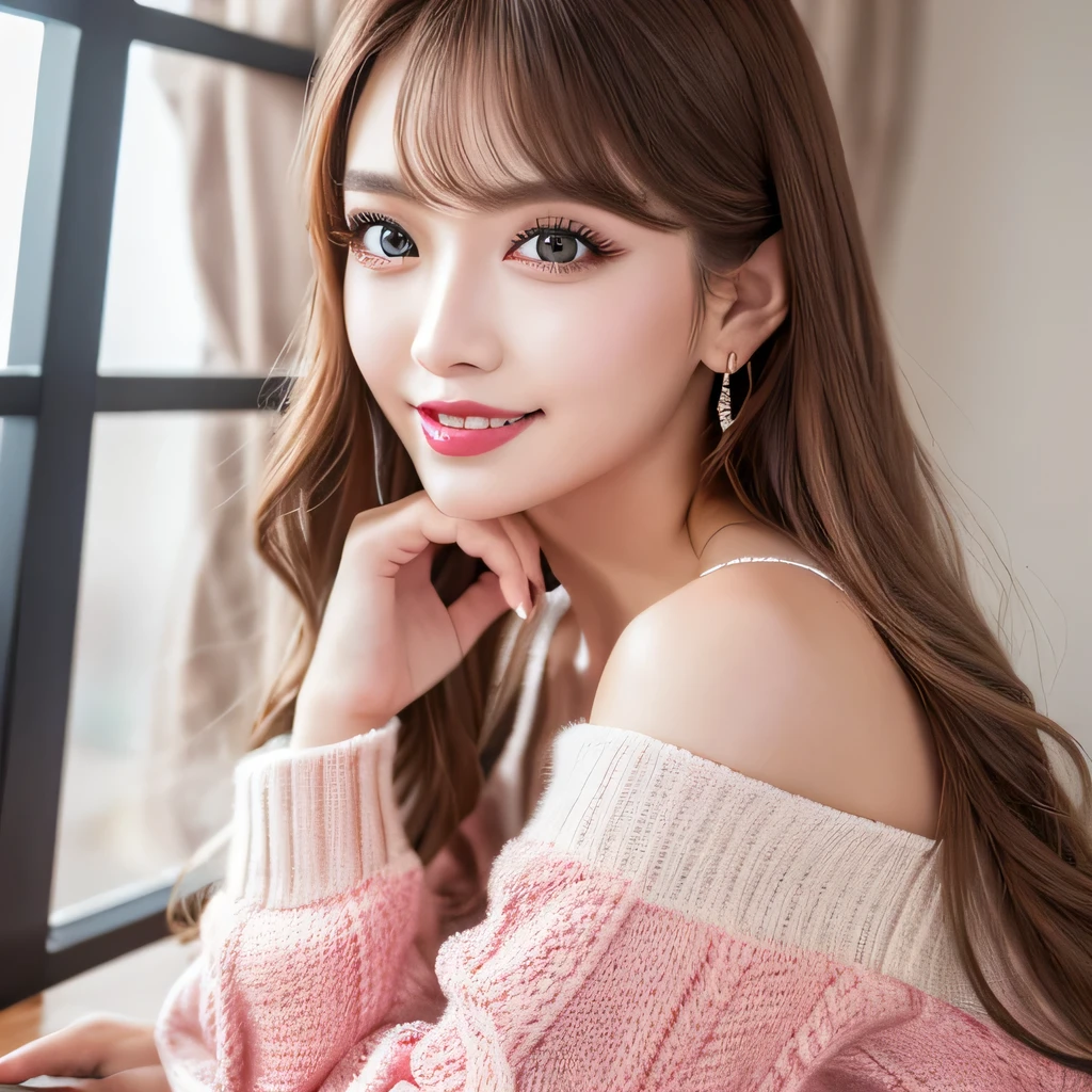 ((Highest quality, Tabletop, Ultra-high resolution、The most complex and detailed depiction))、(Very bright lighting:1.pring-like clothes)、(Beautiful woman:1.1)、(Long Wavy Hair:1.05), (Accurate anatomy:1.1)、Colored contact lenses、Perfect Makeup、、lipstick、Highly saturated eyeshadow、Loose off-the-shoulder knit、Short skirt、Blurred Background, Look at me and smile、Fine dining、(Face close-up:1.1)、(Ultra-high resolution gloss, Fair skin:1.1)、Ultra-high resolutionの顔、Ultra-high resolutionの髪、Ultra-high resolution sparkling eyes、Ultra-high resolution glossy lips、(Brightly lit white skin:1.1)、Beautiful face drawn in every detail、Ultra-high resolution perfect beautiful teeth、(Bright and vivid:1.1), whole body,Brown Hair,