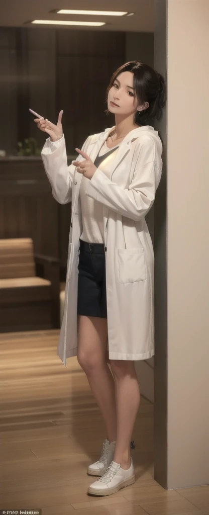 (photorealistic:1.2), (high detail face:1.3), (high detail hands:1.3), (anatomically correct hands:1.2), handsome young asian man, Japanese idol style, short clean-cut hair, ((center part)), white lab coat, black hoodie underneath, calm confident expression, (holding a product in right hand:1.3), (pointing with left index finger:1.3), explaining pose, plain white background, mid-shot portrait, high quality, detailed, 8K, (realistic skin texture:1.2), (sharp focus:1.1)