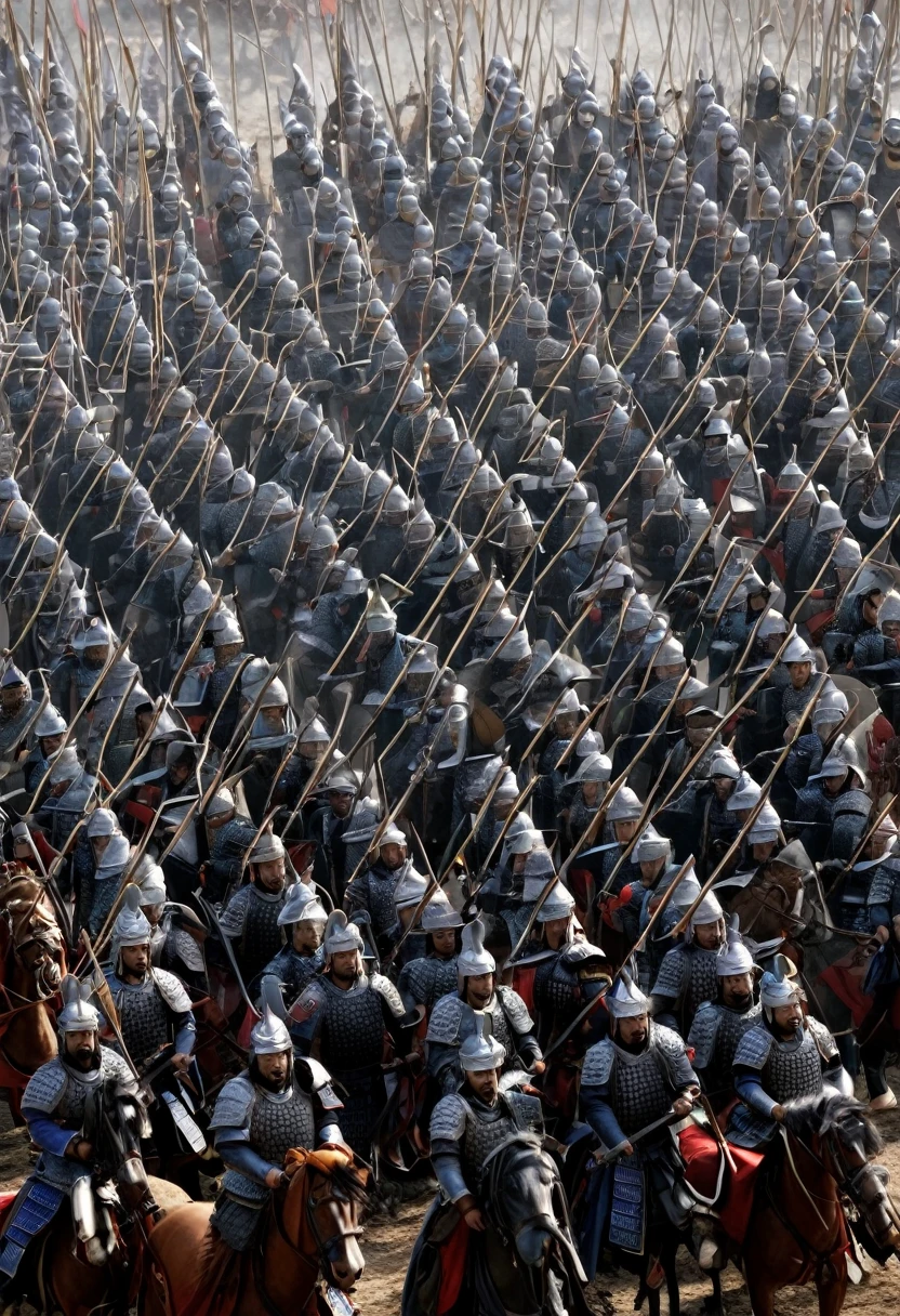 A reenactment of a battlefield with Cao Cao in his armor, leading his troops into battle.