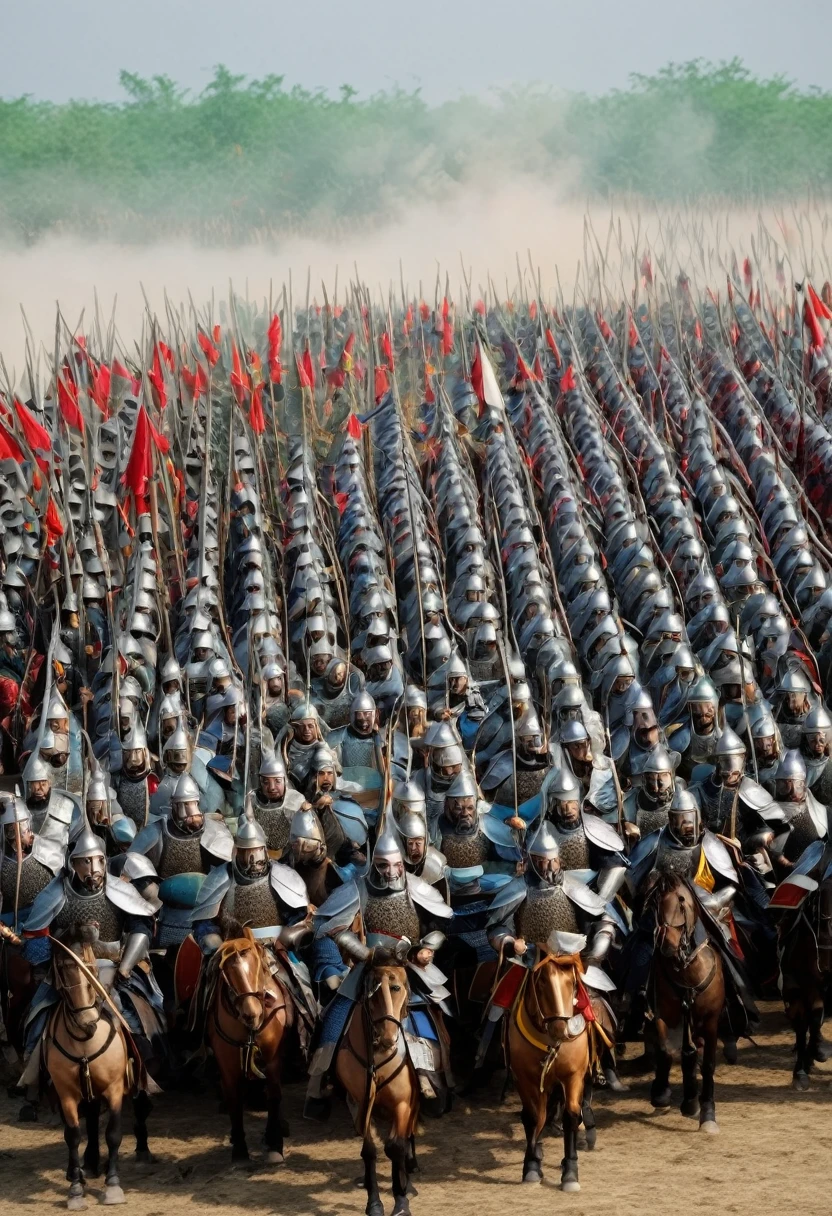 A reenactment of a battlefield with Cao Cao in his armor, leading his troops into battle.