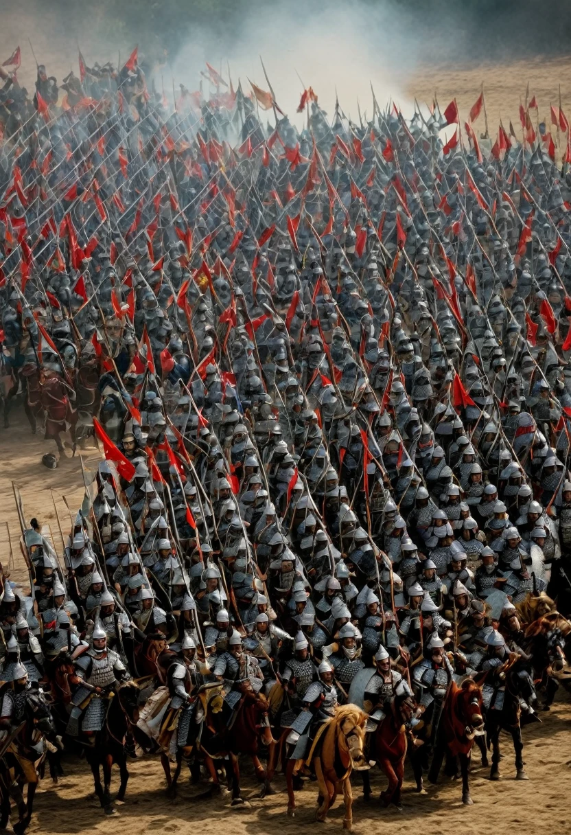 A reenactment of a battlefield with Cao Cao in his armor, leading his troops into battle.