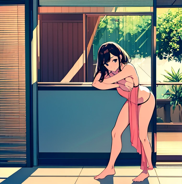 a woman posing in a lewd bikini in front of the sliding glass door of her house with it's own feet propped on the glass