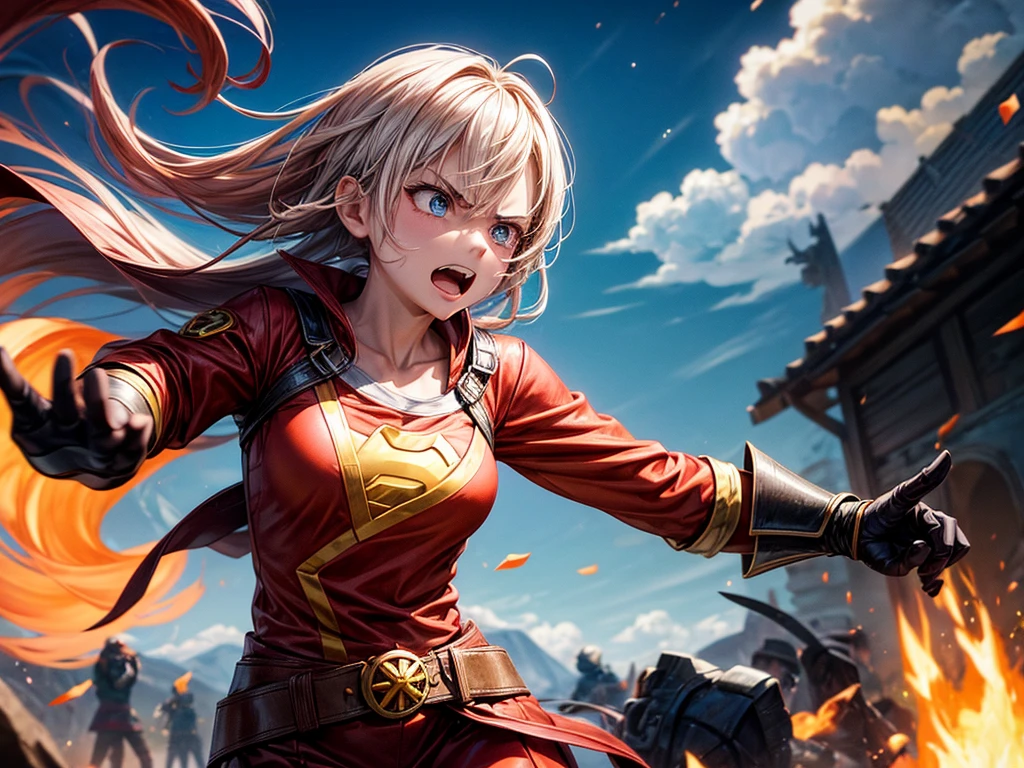 1girl, a superhero, with fire-bender power, in fighting scene, looks angry, in the air, in a distant,