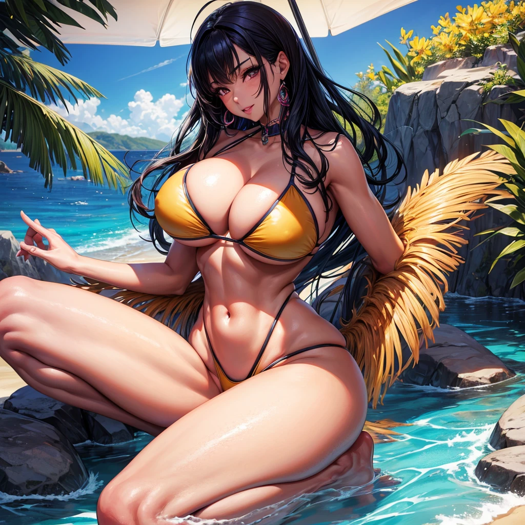 8K, Extremely high quality, ultra details, Elena, Hispanic beauty, Woman, tight bikini, breasts big, Waist slender, huge glutes, ahegao, looking at camera, nude coasts