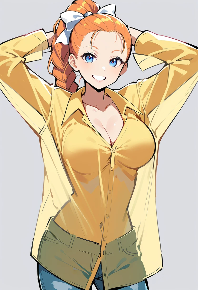 pewarnaan character, visual illustration, @ANN, 1girl, solo, dress shirt, white background, naked shirt, smile, blue eyes, simple background, looking at viewer, breasts, arms up, long sleeves, yellow shirt, orange hair, cowboy shot, collarbone, collared shirt, cleavage, denim, hair pulled back, grin, blonde hair, long hair, medium breasts, forehead, standing, arms behind head, ponytail, braided ponytail, single braid, teeth, oversized clothes, medium hair, short hair, partially unbuttoned, pants, see-through silhouette, oversized shirt, see-through, buttons, head tilt, parted lips, large breasts, hair ribbon, white bow, tomboy, plaid shirt, ann \(harvest moon\), ran \(bokujou monogatari\)