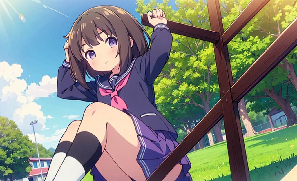(high quality), (Masterpiece), (Very detailed), girl, (very small bust), short brown hair, purple eyes, shy face, (loli de primary), showing her thighs, in the school yard, sunny, camera angle from below, adorable eyes, (primary school uniform) NSFW
