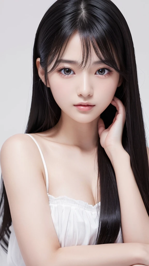 (High resolution:1.3), Japanese, (One Girl), Beautiful Face, (Black-haired、Long Hair:1.3), Beautiful Hairstyles, Realistic eyes, Beautifully detailed eyes, (White skin:1.2), Beautiful skins, Highly detailed cute girl,(20-year-old), White background