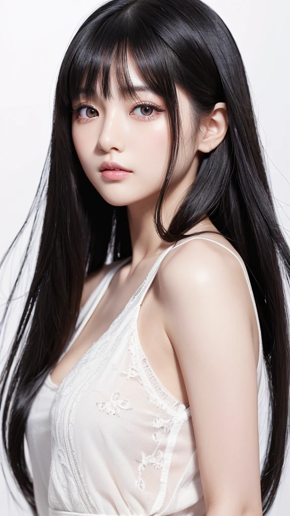 (High resolution:1.3), Japanese, (One Girl), Beautiful Face, (Black-haired、Long Hair:1.3), Beautiful Hairstyles, Realistic eyes, Beautifully detailed eyes, (White skin:1.2), Beautiful skins, Highly detailed cute girl,(20-year-old), White background