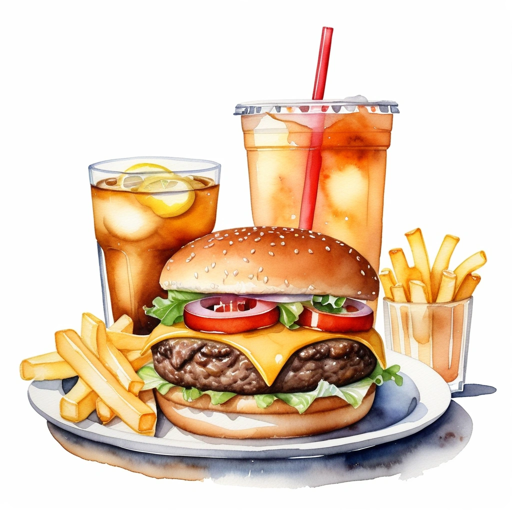 there is big and tall delicious hamburger with cheese, a lot of french fries, and a regular size glass of ice lemon tea, (watercolor), illustration, isolated with solid white background, surrounded with negative space, centered compositon, 8k, highly detailed painting, very precise painting