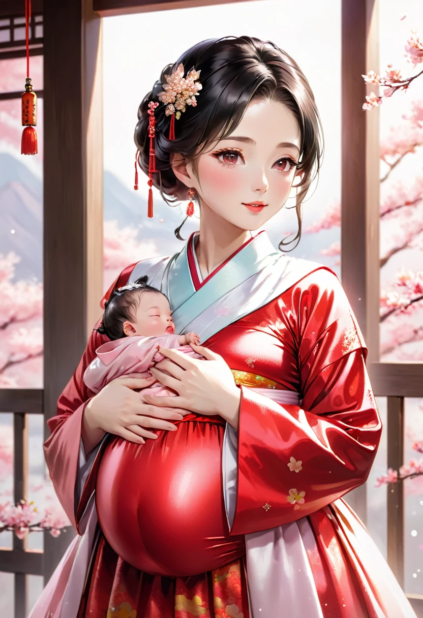 China　Princess　（儀modeで妊娠させられる）　Pregnant women　blush　　Functional　Shiny red long sleeve outfit　hanbok　　milking　Mother　Breast milk　child　mode