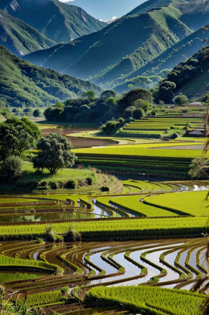 HD view of rice fields and mountains in the afternoon