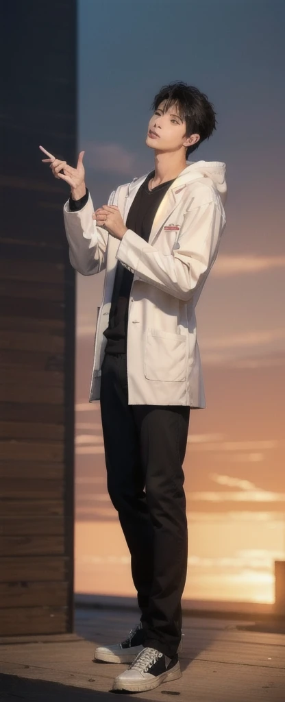 (photorealistic:1.2), (high detail face:1.3), (high detail hands:1.3), (anatomically correct hands:1.2), handsome young asian man, Japanese idol style, short clean-cut hair, ((center part)), white lab coat, black hoodie underneath, calm confident expression, (holding a product in right hand:1.3), (pointing with left index finger:1.3), explaining pose, plain white background, mid-shot portrait, high quality, detailed, 8K, (realistic skin texture:1.2), (sharp focus:1.1)