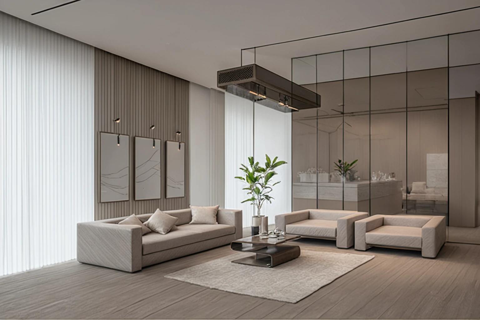 morden minimalism style livingroom, elegent material, warm light, realistic photo, best render, 4k render