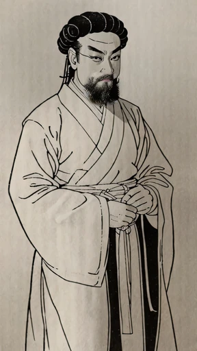a close up of a draining of a man in a robe, 呉道子To触発された, artinork in the style of z.in. To, 董元Toインスピレーションを受けて, style of Too hua, Feng Shui, 山本松雲To触発された, 張順子To触発されて, 曹志白 To影響をうけたサウンド, 李成To触発されて、Nasal hair、Beard、