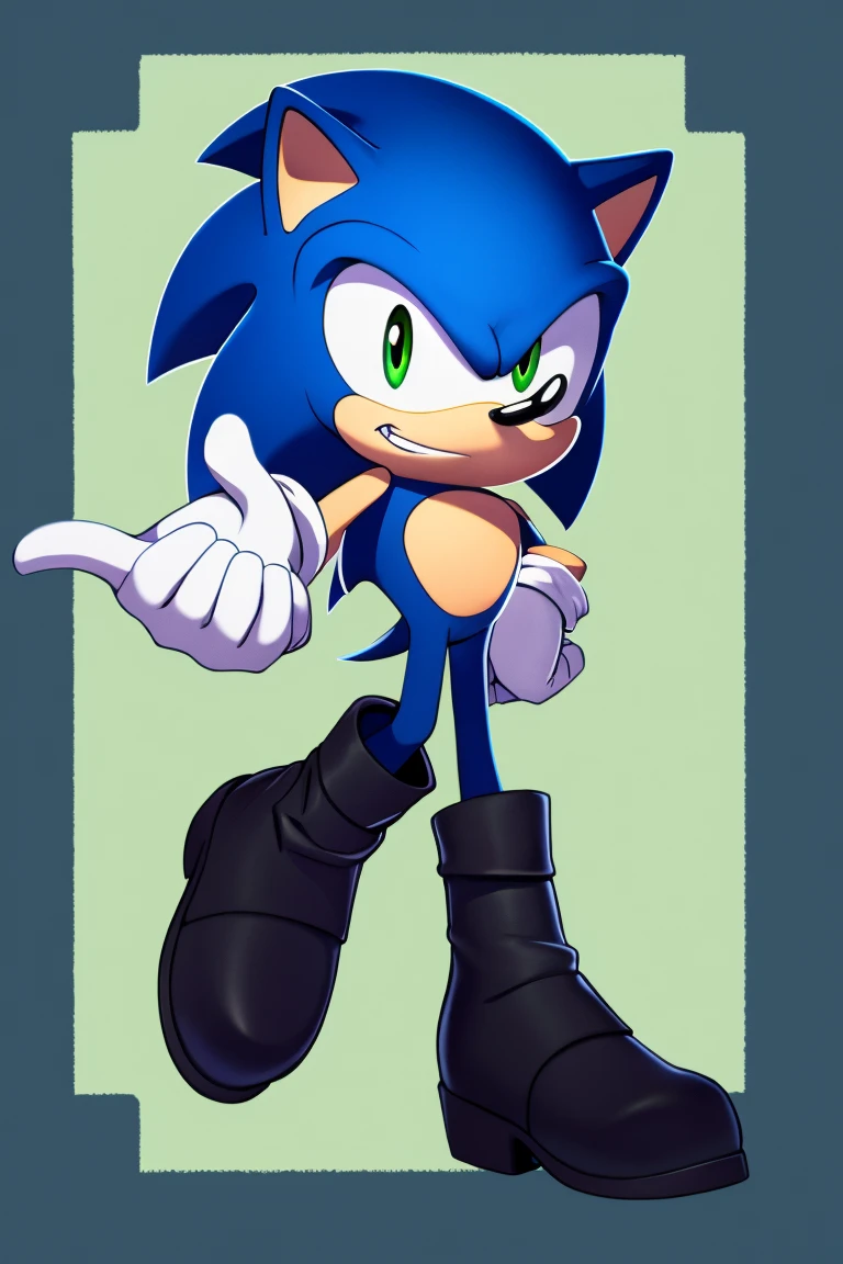Sonic the Hedgehog, one man, all blue, biting lower lip, smiling slightly, one red eye, wearing black tracking boots, heart.