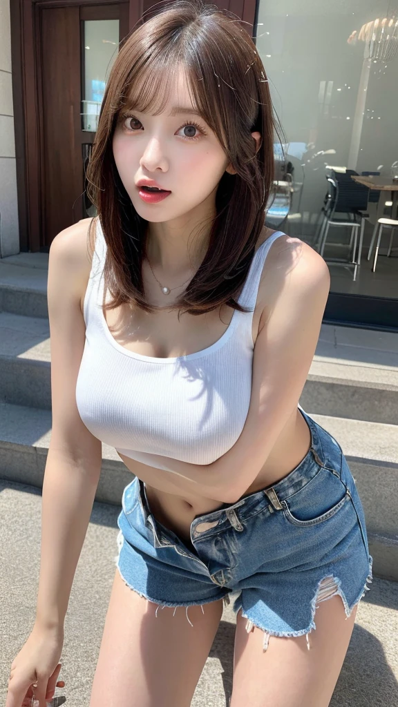 (Masterpiece 1.8)　Ultra-high resolution　Ultra HD　Realistic portrayal　Great face　Korean Idol　Clear skin　thick lips　Open your mouth and stick out your tongue　Provocative eyes　Full body photo　short hair　Sitting(White tight tank top) (Denim shorts)　((The  only gets on the clothes.:1,8))(underboob　(((leaning forward1.8)))leaning forward,leaning forward,cowgirl position,cowgirl position,cowgirl position