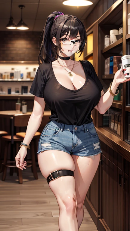 masterpiece, high quality, Fine grain, 
One girl, Brown eyes, Black Hair, (Glasses:1.1) Side Lock, bangs, ponytail, (Mature Woman, Mature Woman:0.8), (Big Breasts:1.1), (Volupture:1.2), (Thick thighs:1.0), expensive, Long legs, A light smile,  (Muscular:0.6), (Genital tattoo:1.0),
alone, View your viewers, Cowboy Shot, Cafe, Starbucks, library, I have a book, High heel sandals, Are standing, Contrasting, Black T-shirt, jeans shorts shorts, necklace, bracelet, choker, Thigh straps, Covered nipples,