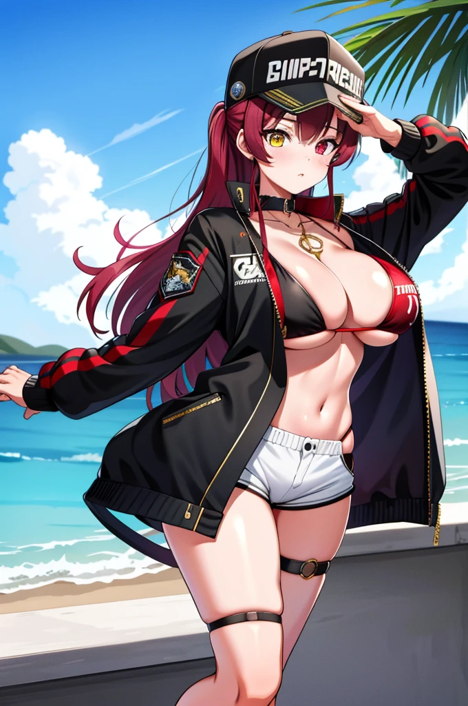 houshouBikini, heterochromia, red eyes, yellow eyes, ponytail, long hair, jewelry, baseball cap, sunglasses, eyewear on headwear, black jacket, open jacket, white shorts, short shorts, nude top, string bikini, o-ring thigh strap,houshou marine,big breast