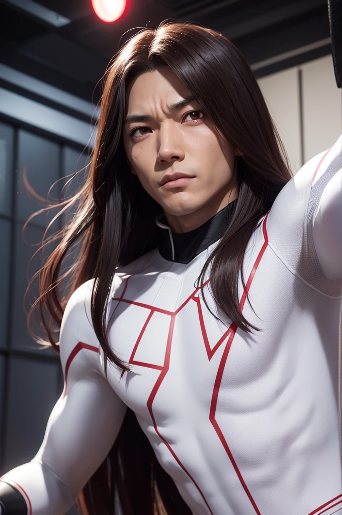 An Asian,straight hair,long and dark red,in the world of Spider-Man verse,one eye is light brown and the other is completely white,with a scar on his mouth and eyes,with the white and lilac outfit