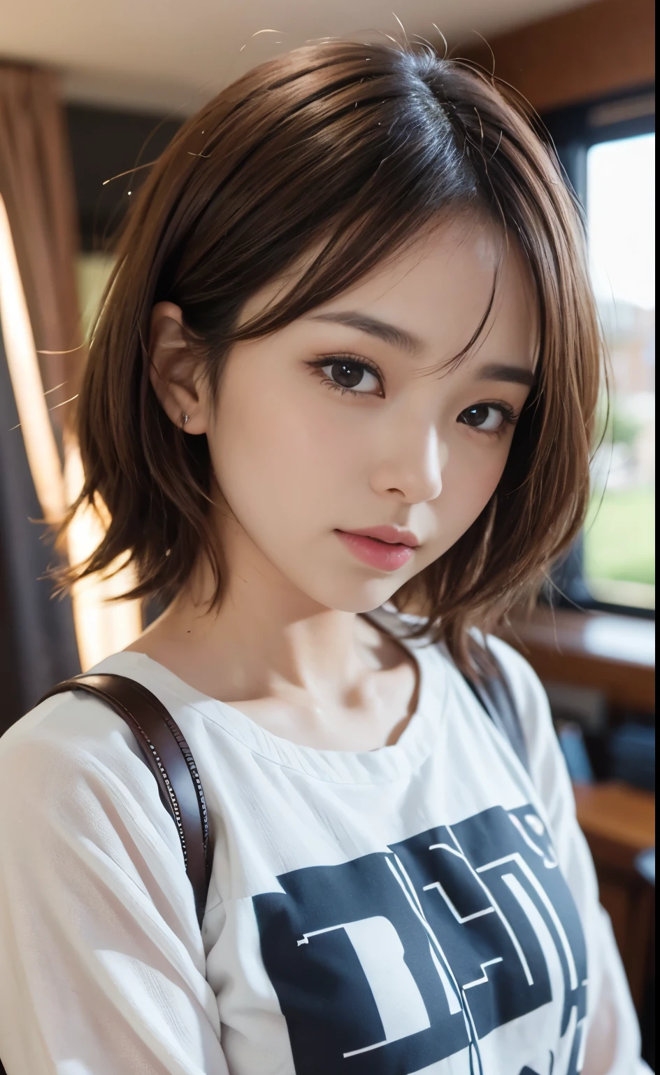 Cute 21 year old Japanese、university 、Large classroom、barely、Ultra-detailed face、An eye for detail、double eyelid、Beautiful thin nose、Sharp Focus:1.2、Beauty:1.4、(Light brown hair、short hair、Highest quality、illumination、Impressive、Ultra-high resolution、(Photorealistic:1.4)、Cute spring clothes、Tシャツ、ブラちら、