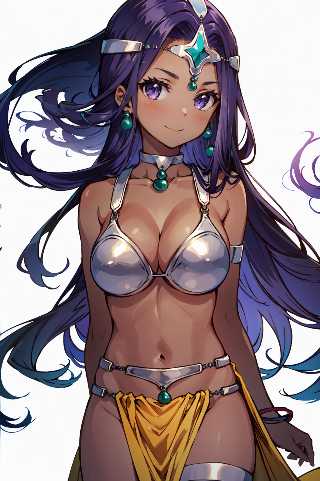 1girl, solo, dqManya, white background, cowboy shot, purple hair, bikini, loincloth, large breasts, cleavage, soft stomach, circlet, earrings, choker, bracelet, armlet, closed mouth, smile, blush