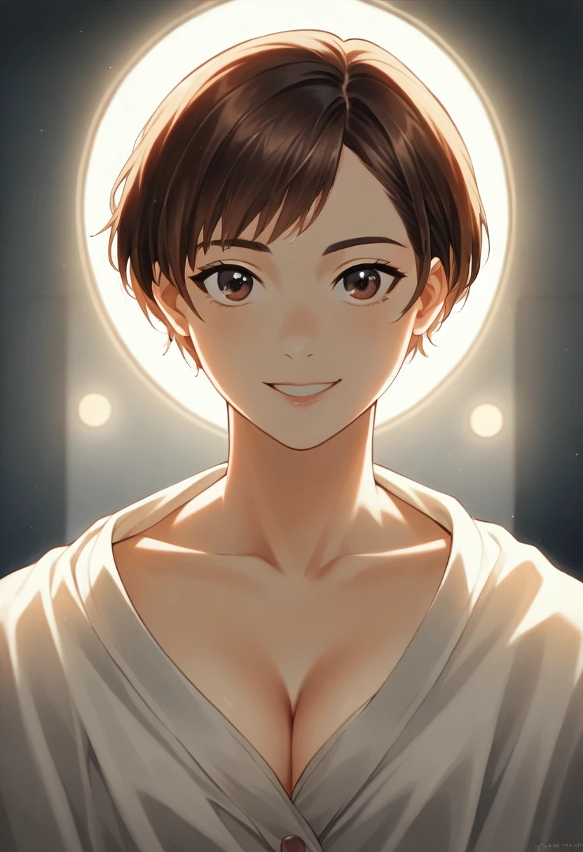 night, Raw photo, (((Very beautiful portrait))), (Very beautiful portrait))), 1 Girl, Sexy 25 year old girl, ((Natural brown short hair)), [Brown eyes],A gentle smile looking at the camera(Cleavage), ((masterpiece, 最high quality, Super detailed, Cinematic lighting, Exquisite detail, High resolution, 8K, Very detailed)), Detailed Background, 8K Ultra HD, Digital SLR, Soft lighting, high quality, Film Grain, Fujifilm XT3, Shallow depth of field, Natural light, Perfect Face
