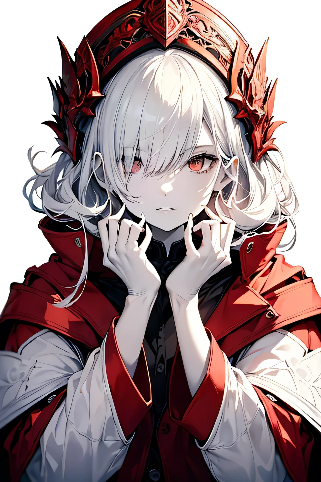 whole body, (Tabletop:1.2, Highest quality),(Beautiful and elaborate face), High Contrast, (Best lighting, Very delicate and beautiful), ((Cinematic Light)), Dramatic Light, Intricate details,(Pale white background:1.5), oversized red coat, Place one'In one hand'pocket, blonde, Red eyes, Body Harness, Medium Hair,