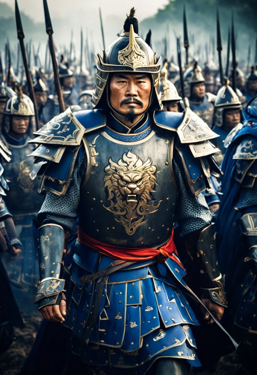 Cao Cao in his armor, leading his troops into battle.