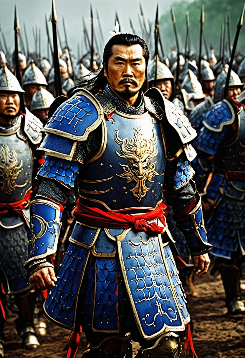 Cao Cao in his armor, leading his troops into battle.