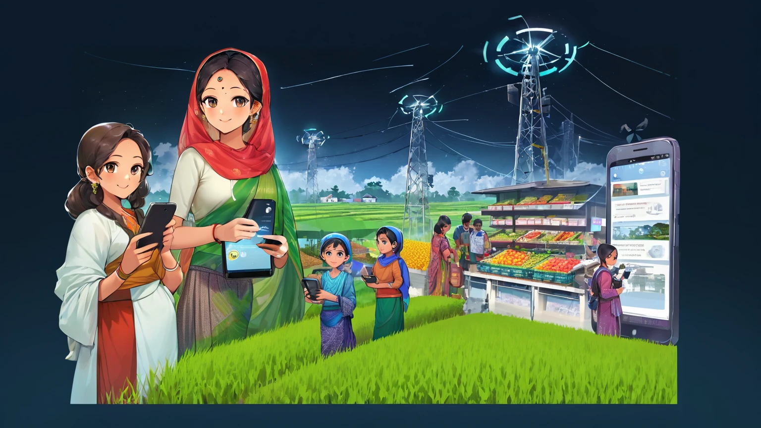 (Bangladesh)), poster image of a vibrant landscape of Bangladesh, where tradition and technology converge, a Smart Village emerges., Smart Village: Bridging Tradition and Technology Connected Community: Villagers embracing the internet and computers, enhancing their daily lives and work. Modern Farming: Farmers utilizing smartphones for better crop management and market access. Tech-Enabled Families: Happy families benefiting from improved communication and education through technology. Innovative Infrastructure: Mobile towers ensuring seamless connectivity, with drones and robots supporting agricultural