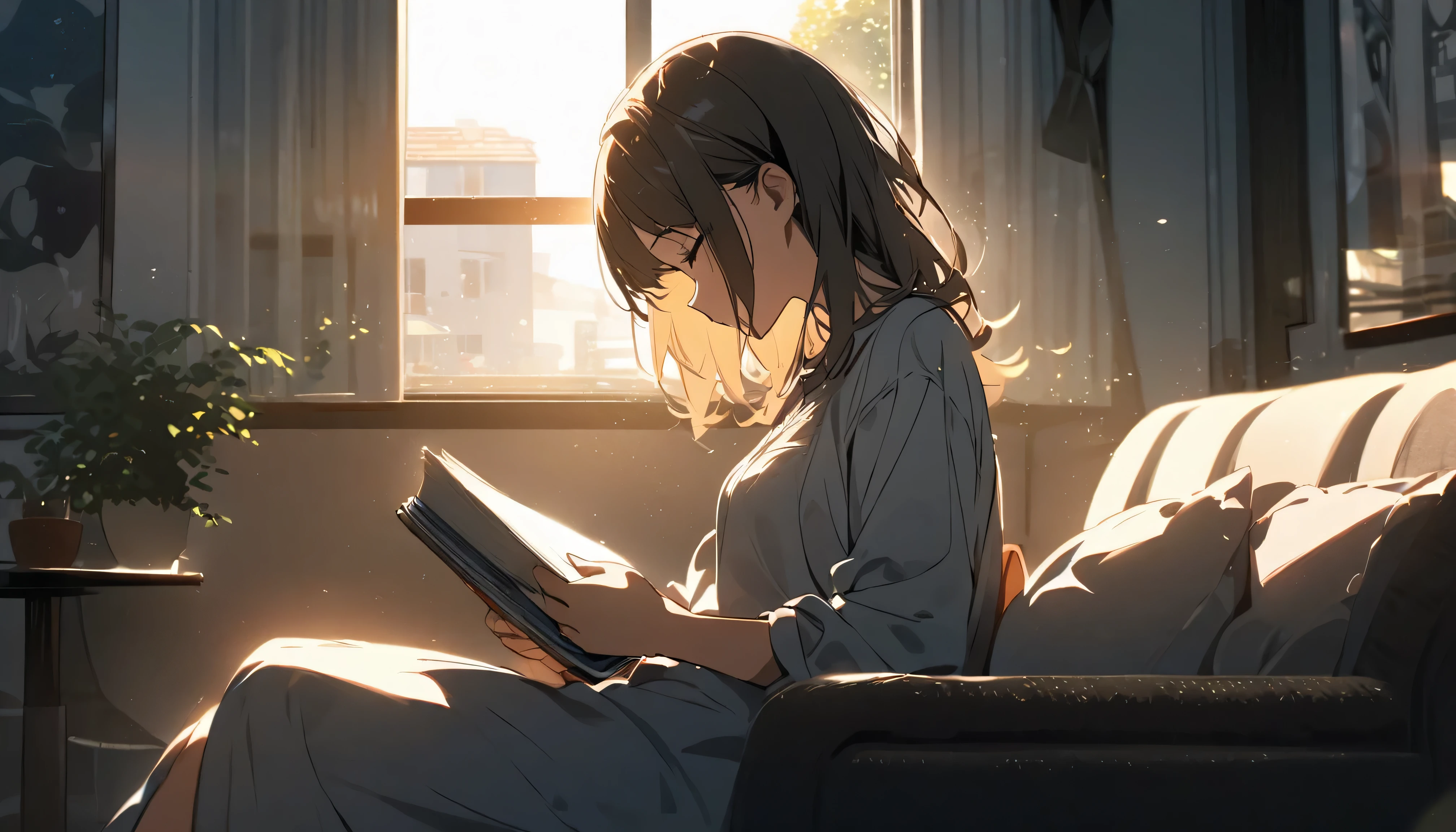 Girl sitting on sofa reading a book,In front of a large window,Morning sunlight,Streetscape、listen to music、is seperated